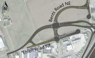 Close up view of Ehlen Road NE and Bents Road NE