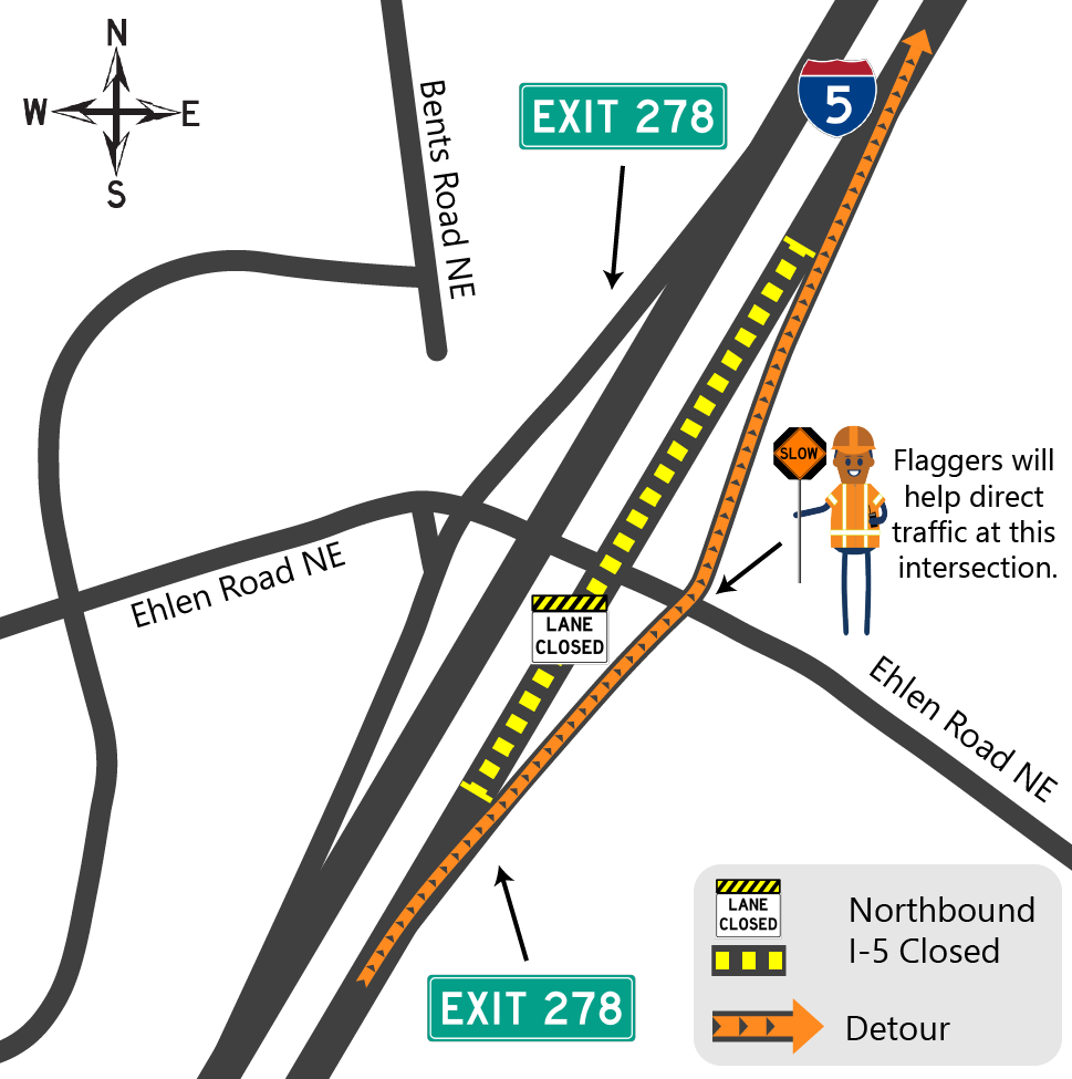 Detour map showing northbound I-5 closed and ttraffic taking Exit 278 to 
