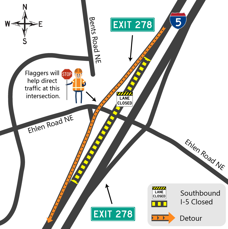 Detour map showing northbound I-5 closed and ttraffic taking Exit 278 to 