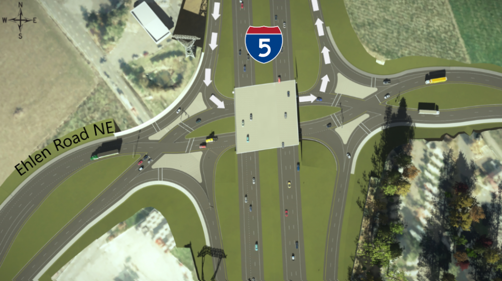 Rendering showing how to navigate through the diverging diamond lanes if you've taken the southbound I-5 off-ramp and want to get on northbound I-5.
