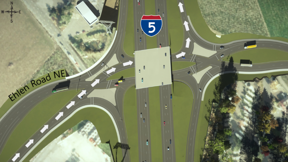 Rendering showing how to navigate through the diverging diamond lanes if you're traveling east on Ehlen Road NE and want to get on northbound I-5. 