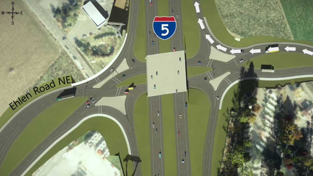 Rendering showing how to navigate through the diverging diamond lanes if you're traveling west on Ehlen Road NE and want to get on northbound I-5.