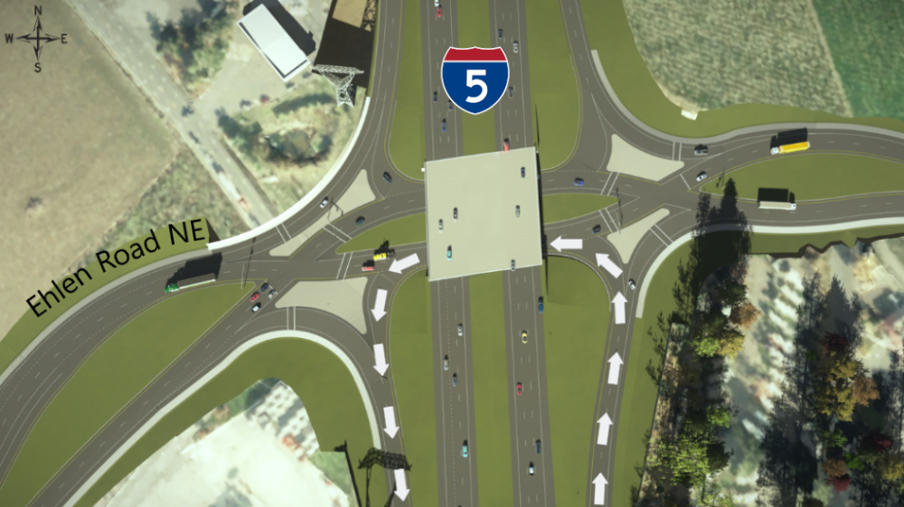 Rendering showing how to navigate through the diverging diamond lanes if you've taken the northbound I-5 off-ramp and want to get on southbound I-5.