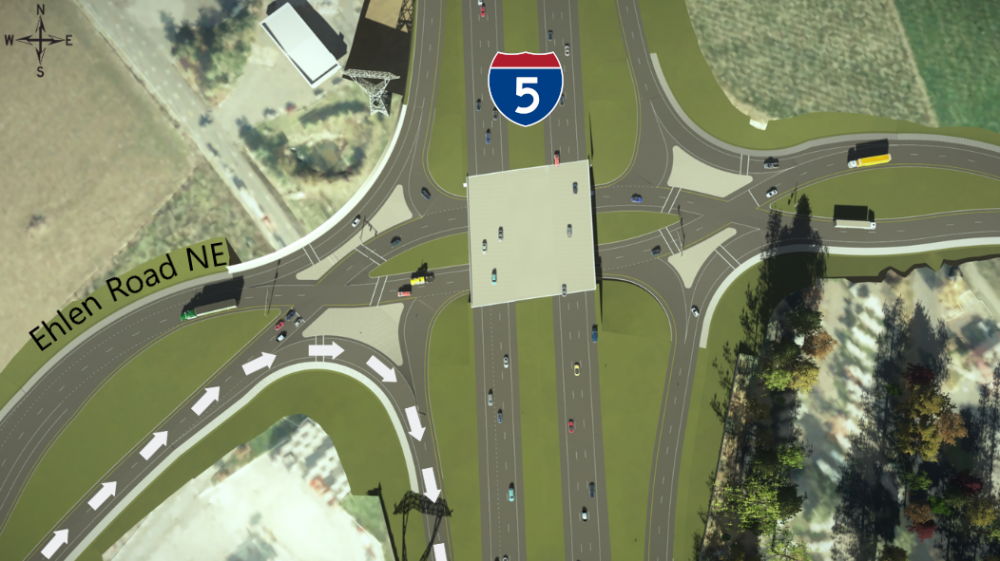 Rendering showing how to navigate through the diverging diamond lanes if you're traveling east on Ehlen Road NE and want to get on southbound I-5. 