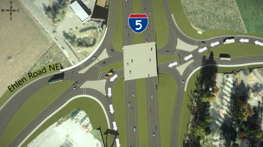Rendering showing how to navigate through the diverging diamond lanes if you're traveling west on Ehlen Road NE and want to get on southbound I-5.