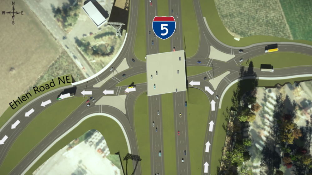 Rendering showing how to navigate through the diverging diamond lanes if you've taken the northbound I-5 off-ramp and want to go west on Ehlen Road NE.