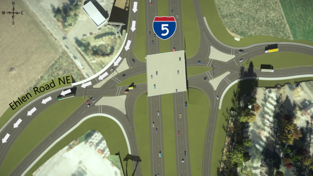 Rendering showing how to navigate through the diverging diamond lanes if you've taken the southbound I-5 off-ramp and want to go west on Ehlen Road NE.