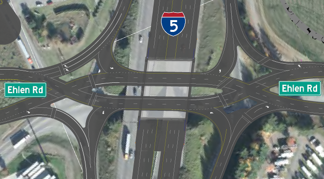 Rendering showing a close up of the diverging diamond lanes under the new I-5 Bridge.