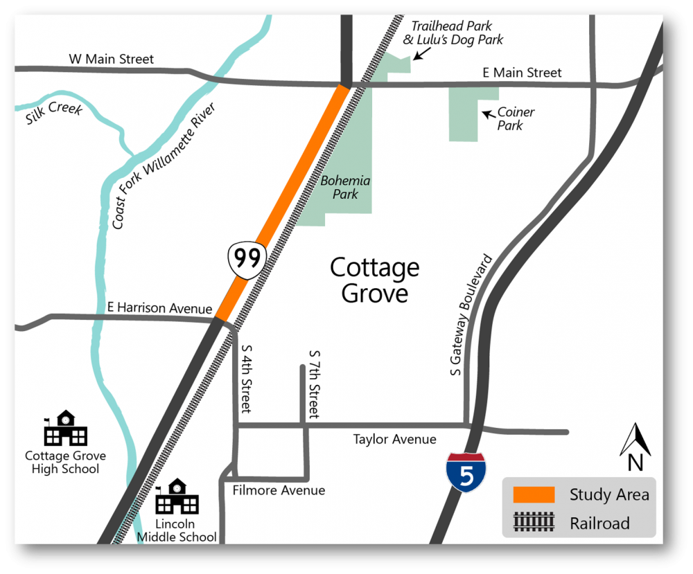 Project area map highlighting sections of OR 99 in Cottage Grove between E Harrison Avenue and W Main Street