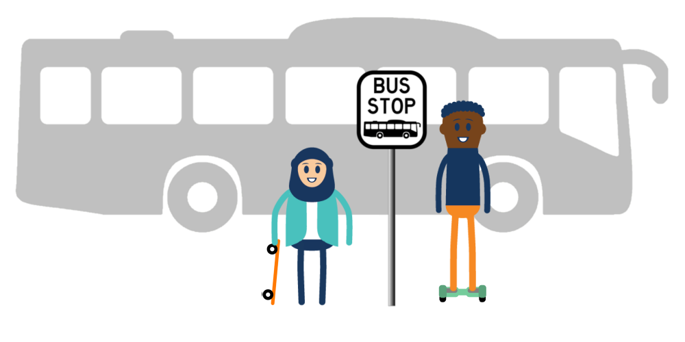graphic showing city bus, two people waiting at a sign that says bus stop, one person is carrying a skateboard and the other is on a hoverboard
