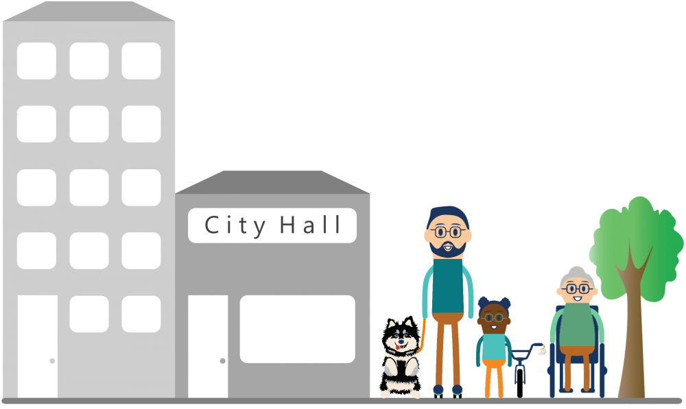 graphic showing a city with two buildings, one says city hall, a person walking their dog, a child with their bike, a person using a wheelchair and a tree