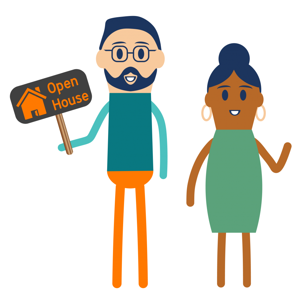 Graphic showing two people, one holding an open house sign and the other waving