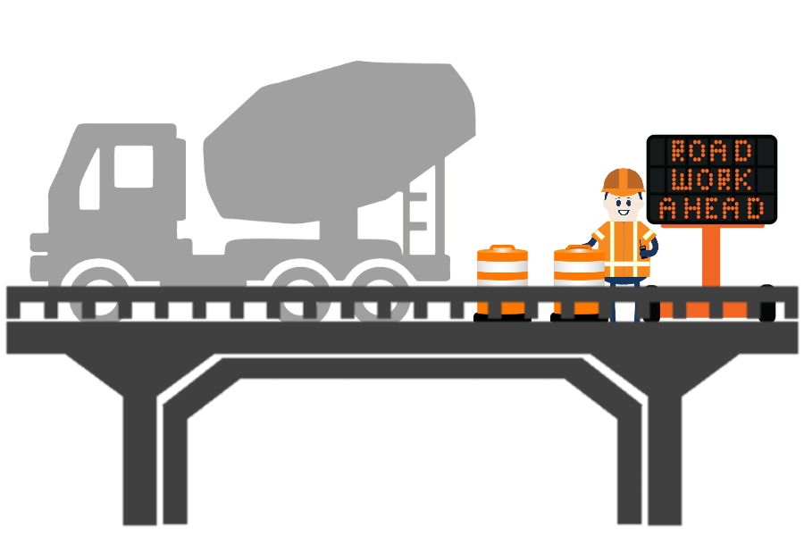 Graphic showing two flaggers (one with a stop sign one with a slow sign), three traffic cones, a dump truck and a sign reading road work ahead