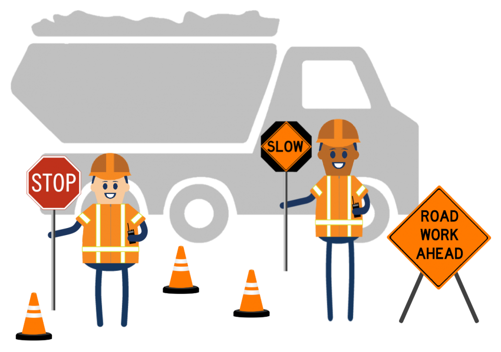 Graphic showing concrete truck on a bridge with an employee setting up two traffic barrels and a message board saying 