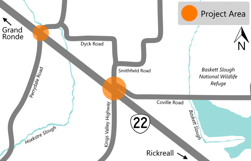 Project area map highlighting the Perrydale Road and Kings Valley Highway intersections on OR 22 and the entire Dyck Road.