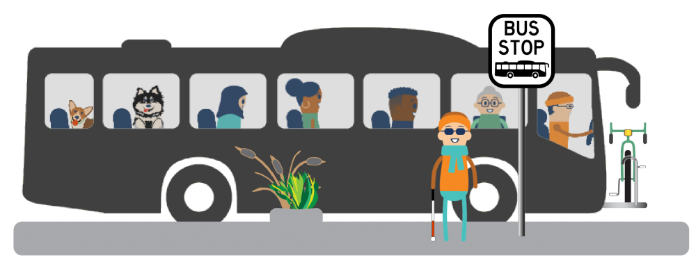 icon showing someone who is visually impared waiting at a bus stop with a bus full of people