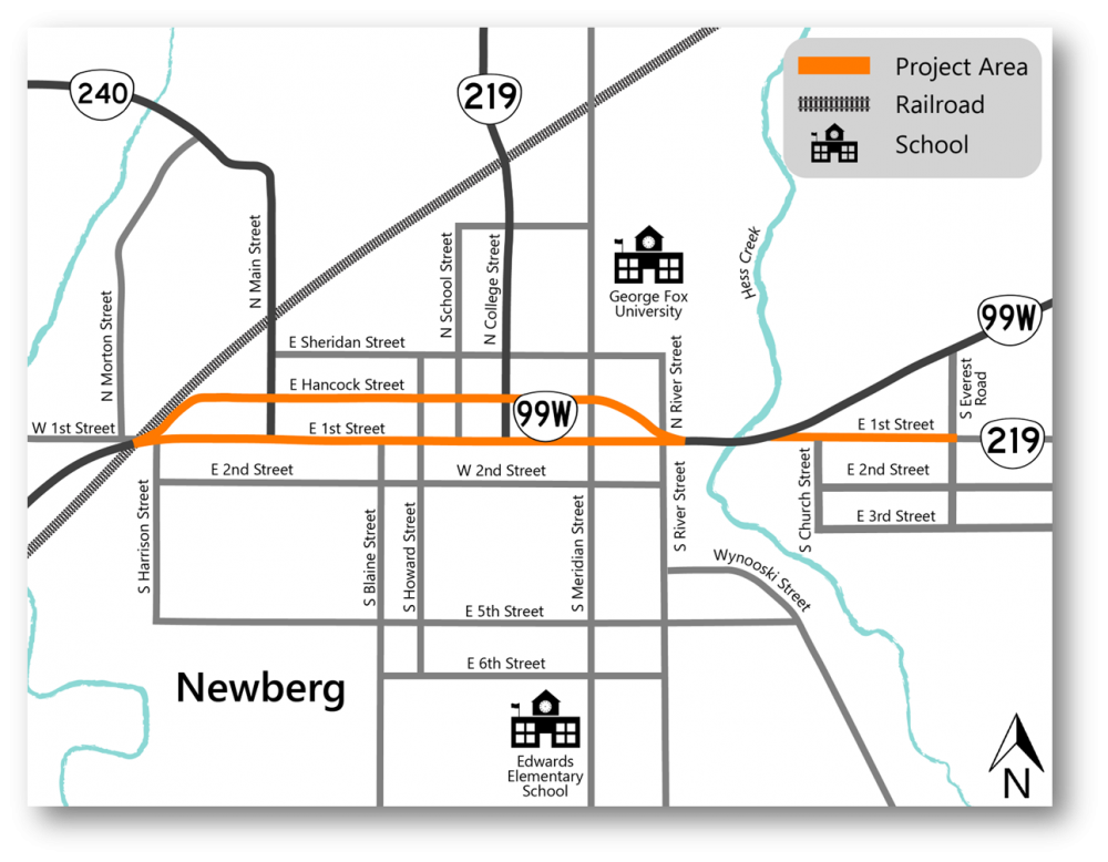 Project area map highlighting sections of OR 99W and OR 219 in Newberg
