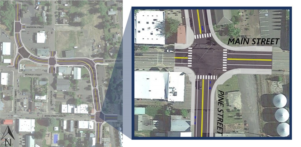 close up of the aerial rendering showing the Pine Street and Main Street intersection