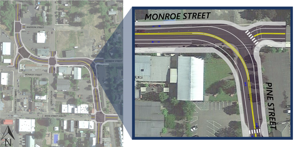 close up of the aerial rendering showing the Pine Street and Monroe Street intersection