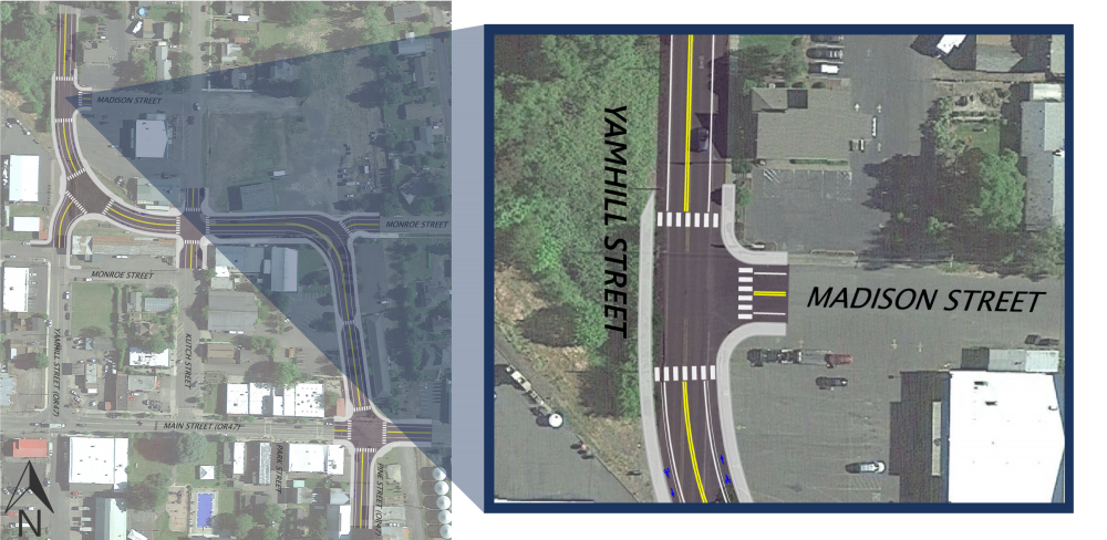 close up of the aerial rendering showing the Yamhill Street and Madison Street intersection