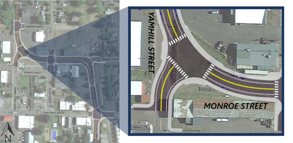 close up of the aerial rendering showing the Monroe Street and Yamhill Street intersection