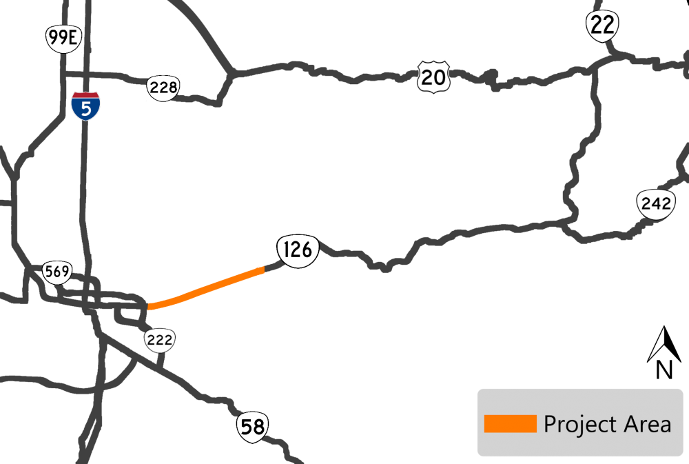 project area map highlighting the project area on OR 126 east of I-5