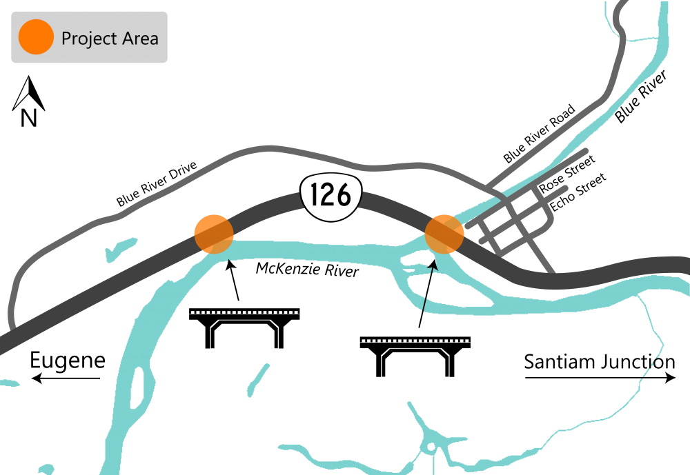 project area map highlighting two bridges on OR 126 between the two Blue River Drive intersections