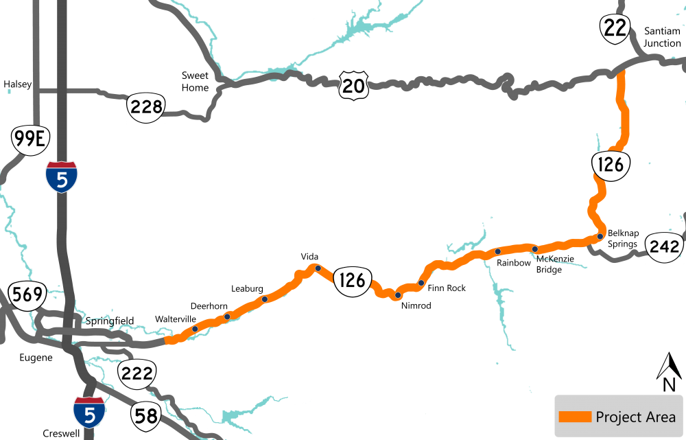 Map of the study area between Eugene/Springfield to U.S. 20