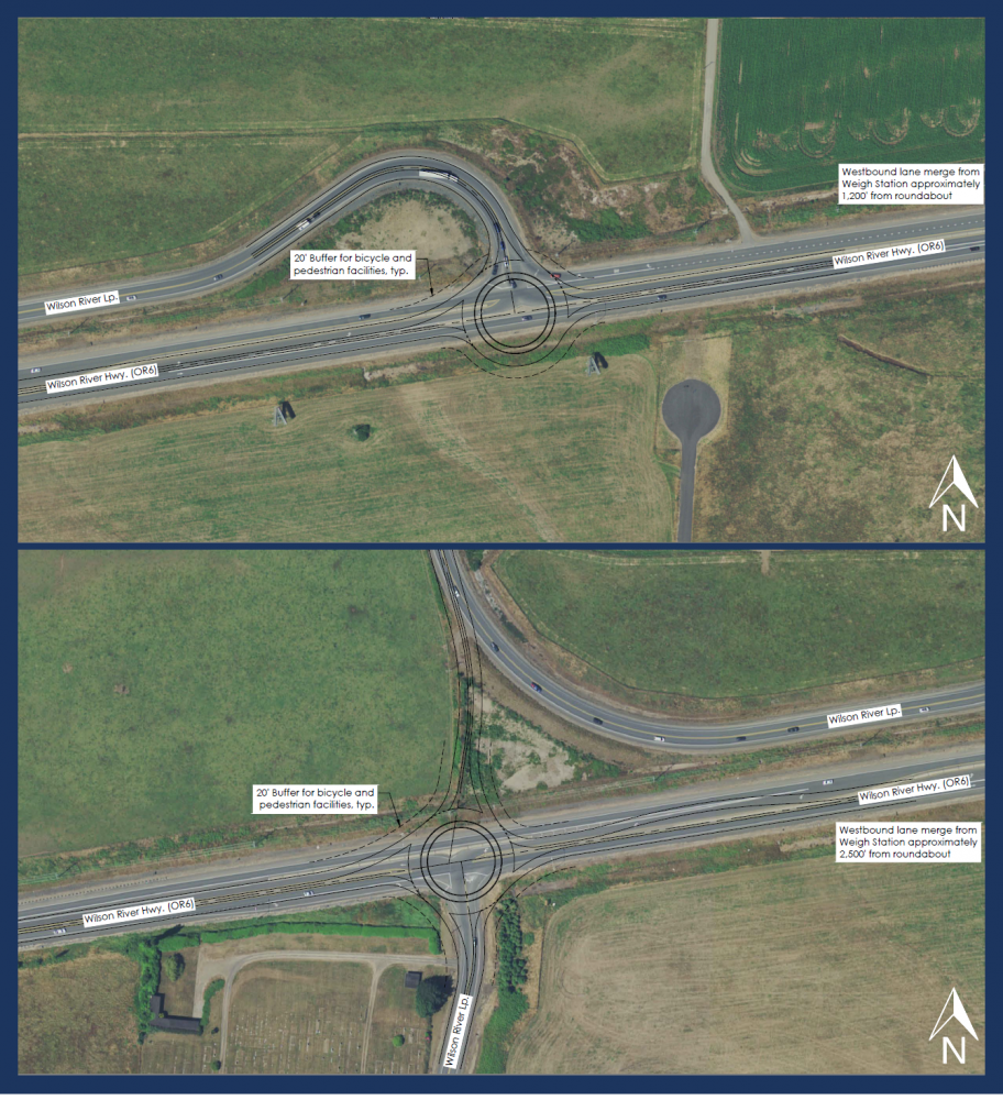 aerial views of the Wilson River Loop and OR 6 intersection with roundabout designs ontop