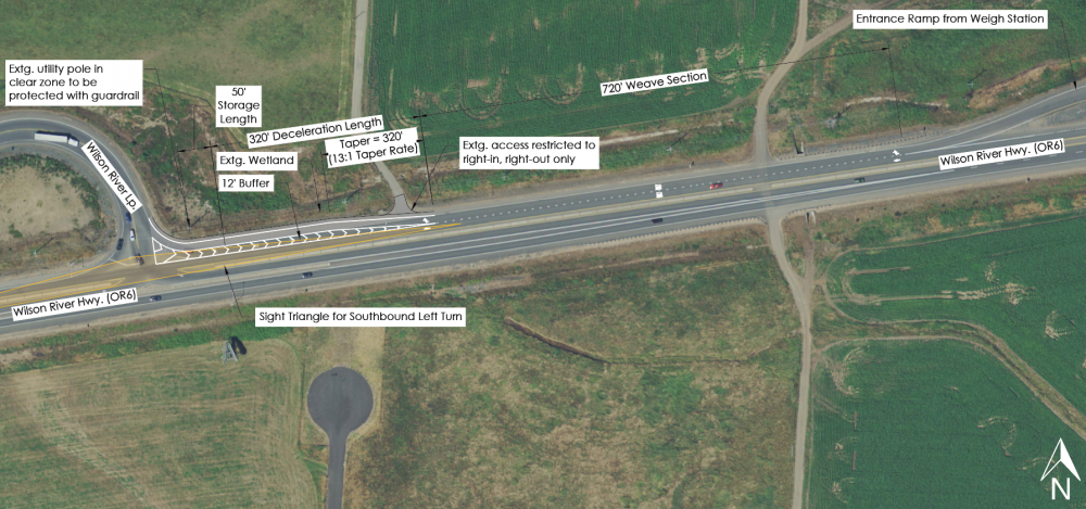 aerial view of the Wilson River Loop and OR 6 intersection with a turn lane design ontop