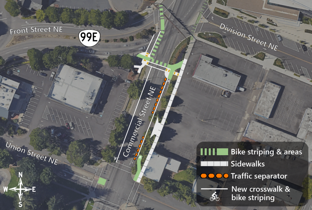 Aerial view of OR 99E, Commercial Street, Union Street and Division Street NE area showing planned improvements.