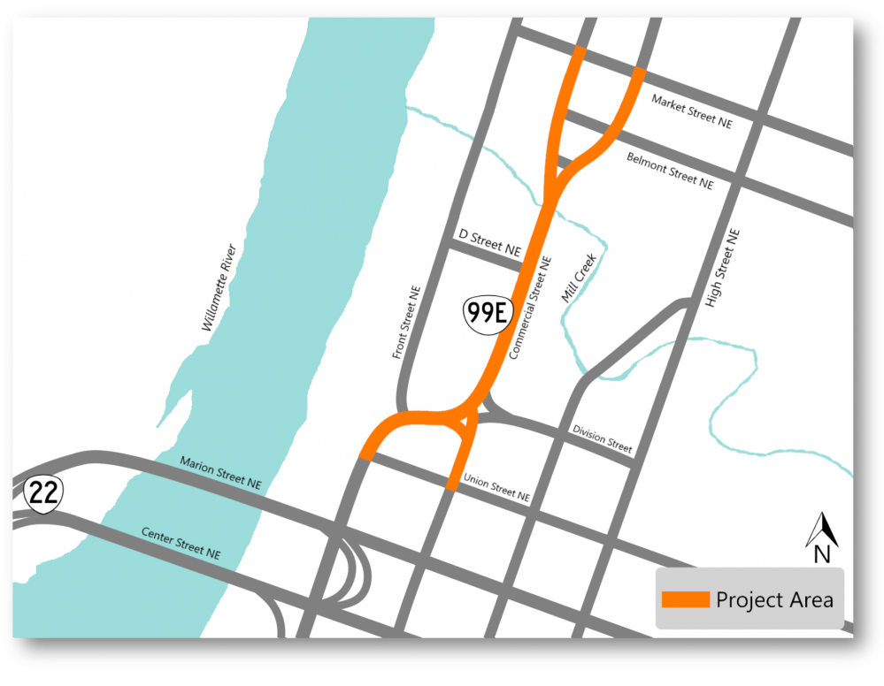 Project area map highlighting OR 99E from Union Street NE to Market Street NE in downtown Salem