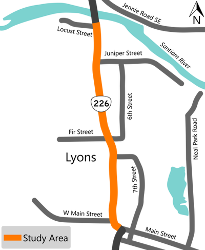study area map highlighting OR 226 in Lyons from Locust Street to 6th Street