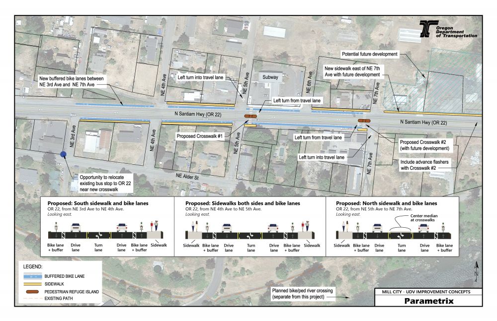 Mill City draft design showing crosswalks, buffered bike lane, sidewalk, pedestrian refuge island and the existing path