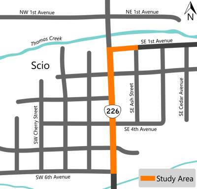 study area map highlighting OR 226 in Scio from SW 6th Avenue to SE Ash Street