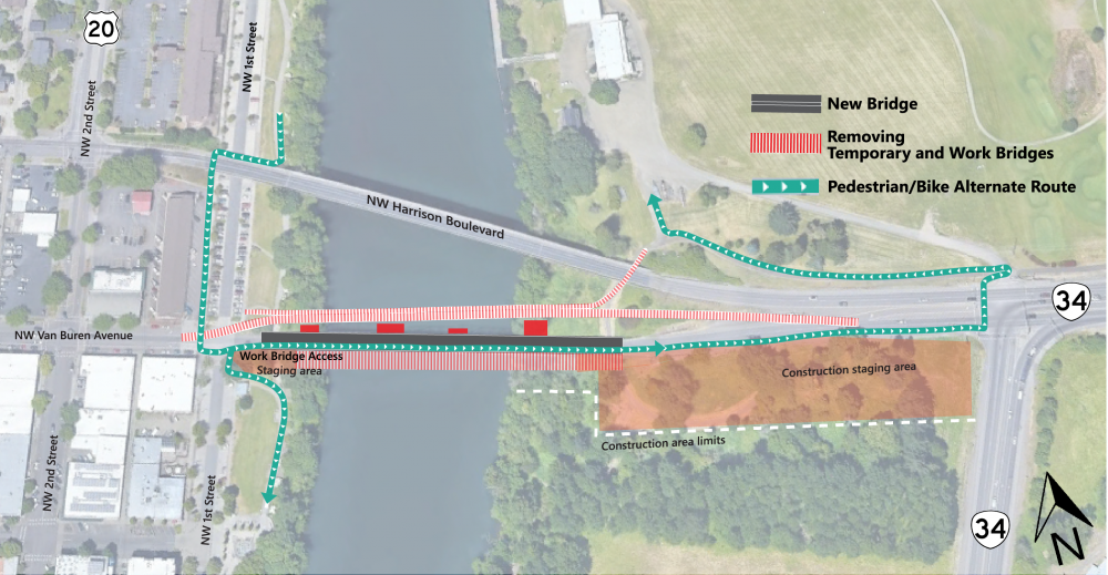 Aerial showing pedestrian and bike route during the removal of the temporary and work bridges.
