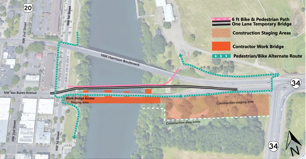 Aerial showing pedestrian and bike route during when we're building the temporary and work bridges.