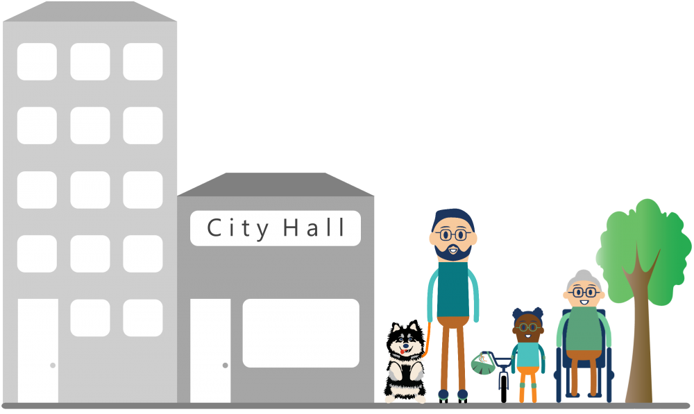 icon showing a city with three pedestrians